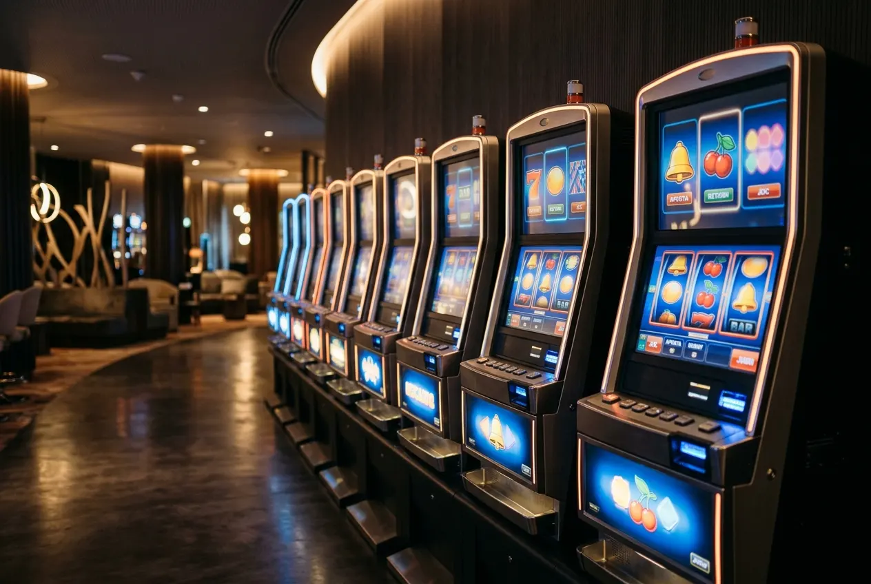A row of colourful slot cabinets showing abstract reels in a dim gaming room