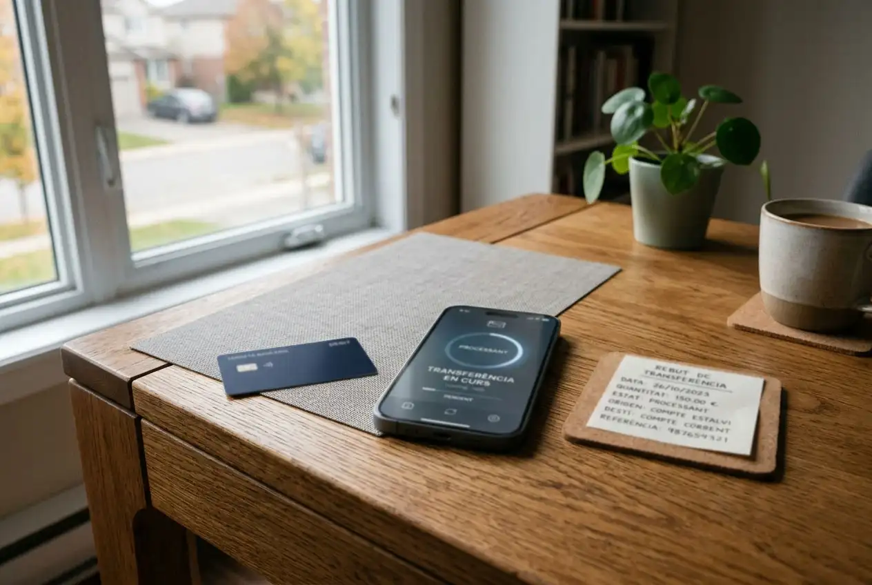 Phone beside a bank transfer receipt and a payment card on a desk